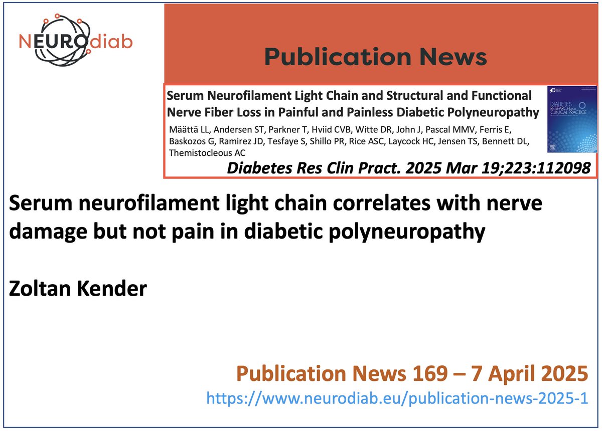 Serum neurofilament light chain correlates with nerve damage but not pain in diabetic polyneuropathy 
On Neurodiab website a signaling of articles on #diabeticneuropathy
The 169th NEUROdiab Publication News is by Zoltan Kender (neurodiab.eu/publication-ne……)