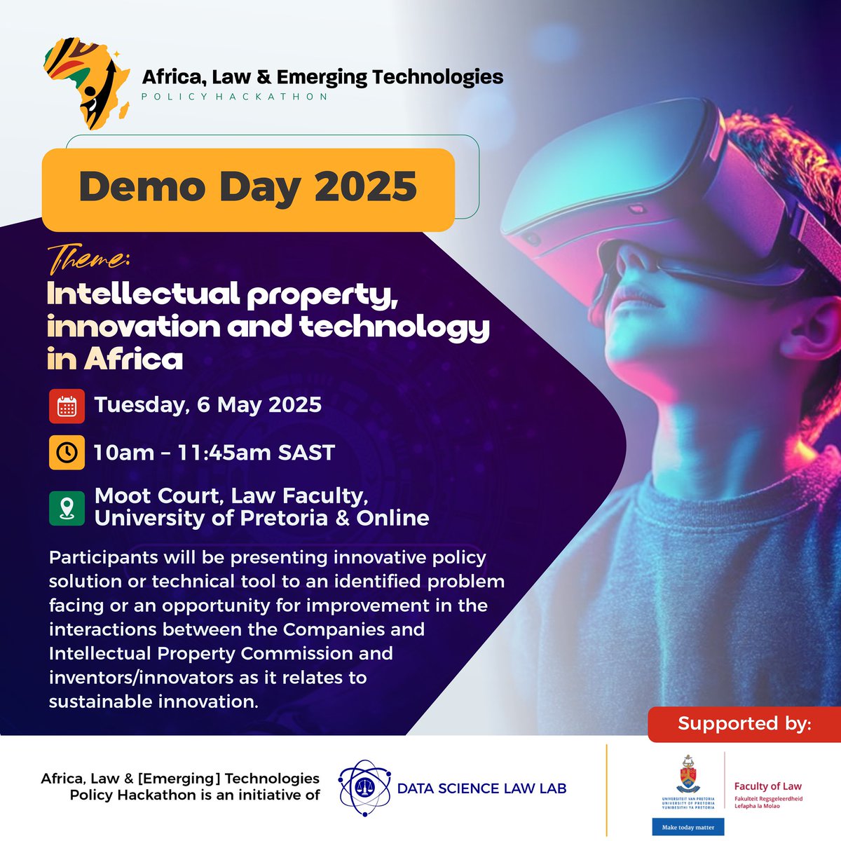 INVITATION: You’re invited to our: #WorldIPDay 2025 (Register to attend in person or online: forms.gle/Ti9qpEfsZMPNcb…) &amp; Africa, Law and [Emerging] Technologies Policy Hackathon Demo Day 2025 (Register to attend in person or online: forms.gle/23bhnAxtTRmcBN…). Details in the flyers.
