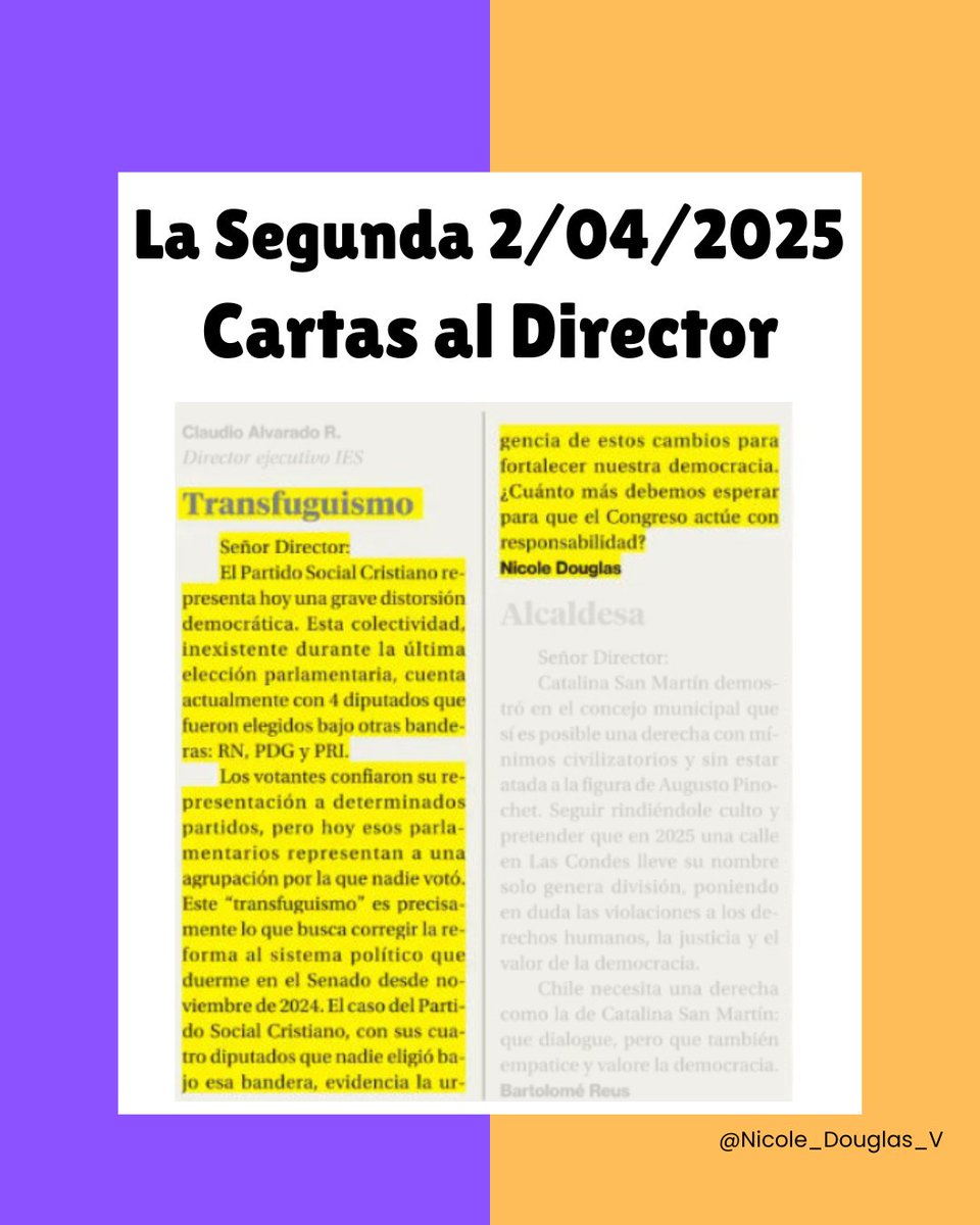 Carta publicada en <a href="/La_Segunda/">laSegunda</a>  el 2 de abril:
sobre el Transfuguismo político.

Señor Director:
El Partido Social Cristiano representa hoy una grave distorsión democrática. Esta colectividad, inexistente durante la última elección parlamentaria 👇leer