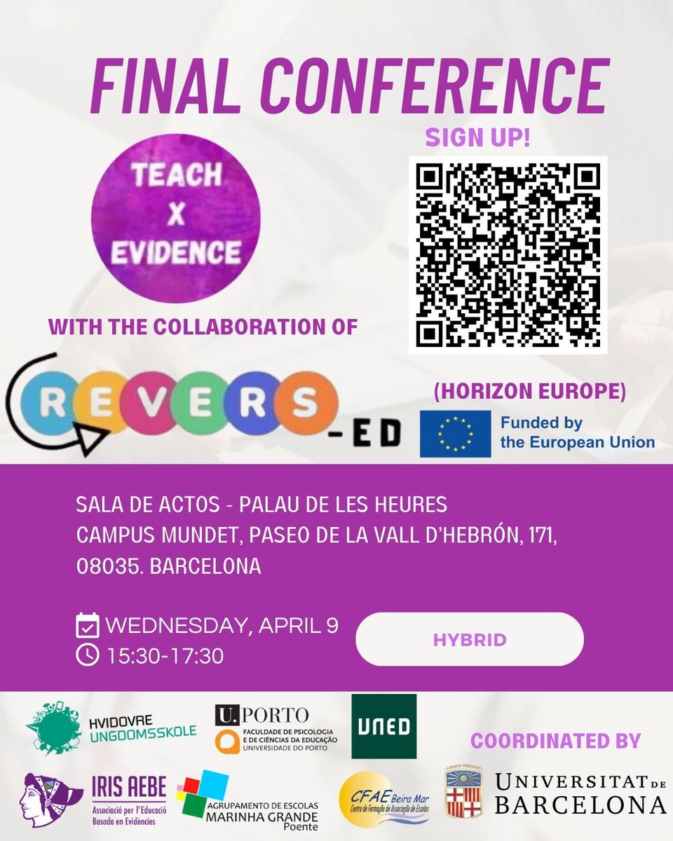 teachxevidence's tweet image. Only two days left until the final #TeachXevidence conference in collaboration with @REVERS_ED (Horizon Europe). Have you signed up yet? Don't miss out this opportunity!
Free registration: forms.office.com/Pages/Response…