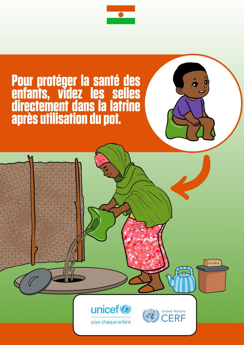 MounkailaSani1's tweet photo. Quand un enfant utilise le pot, ne laissez pas les selles à l’air libre. Videz-les directement dans la latrine. Ce petit geste évite la propagation des microbes et protège toute la famille.
#TsaptaRayuwaCe #HananeYanGatiBafounay https://t.co/XPK3Tp5Ct8