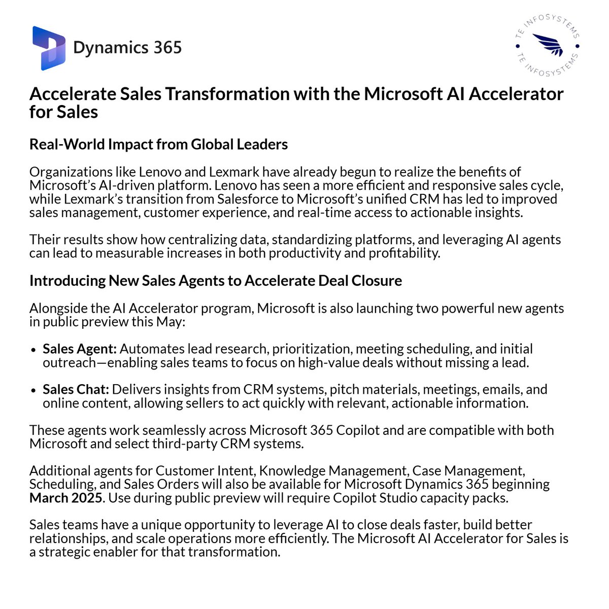 TEInfosystem's tweet photo. 🚀 Accelerate your sales journey with the Microsoft AI Accelerator for Sales!

Microsoft is transforming sales with AI-powered tools like Microsoft 365 Copilot, Sales Agent, and Sales Chat 🤖💼. https://t.co/5VBd0dQPOZ