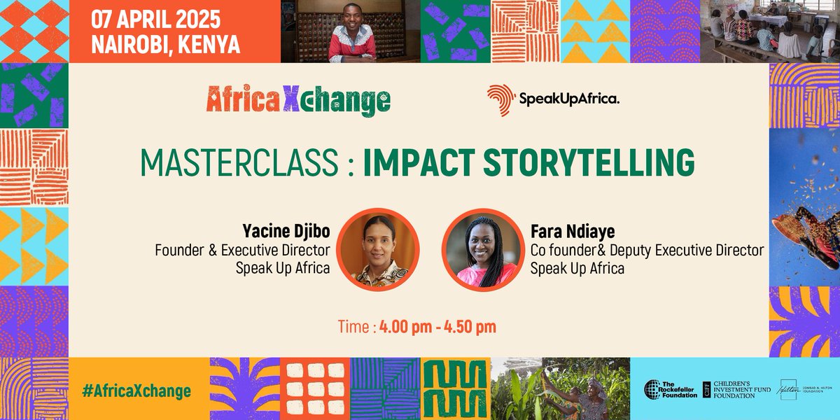 Speak Up Africa (@speakupafrica1) on Twitter photo We're heading to #AfricaXchange2025 — where African voices lead and bold ideas rise.
Join our Storytelling for Impact masterclass on April 7 at 4PM with <a href="/YacineDjibo/">Yacine Diop Djibo</a> & <a href="/SeuneFara/">Fara Ndiaye</a>.
📍 Trademark Hotel, Nairobi
Let’s turn powerful stories into real impact. We're heading to #AfricaXchange2025 — where African voices lead and bold ideas rise.
Join our Storytelling for Impact masterclass on April 7 at 4PM with <a href="/YacineDjibo/">Yacine Diop Djibo</a> & <a href="/SeuneFara/">Fara Ndiaye</a>.
📍 Trademark Hotel, Nairobi
Let’s turn powerful stories into real impact.