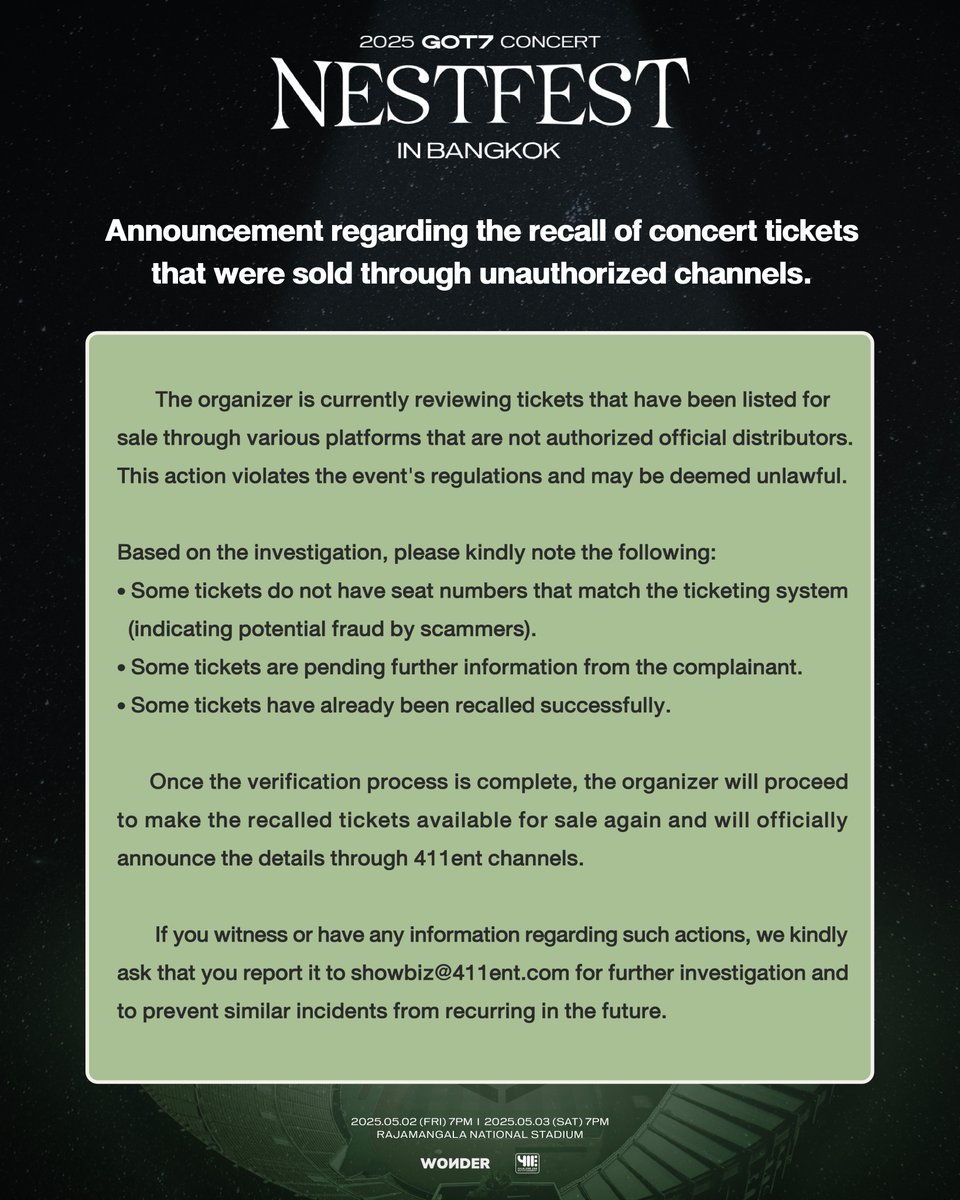 🚨ประกาศเรื่องการเรียกคืนบัตรเข้าชมงานคอนเสิร์ต #GOT7_NESTFESTinBKK ที่ถูกนำไปจำหน่ายในช่องทางที่ไม่ได้รับอนุญาต
.
🚨Announcement regarding the recall of #GOT7_NESTFESTinBKK tickets that were sold through unauthorized channels.

#GOT7_NESTFESTinBKK
#GOT7_NESTFEST
#GOT7 #갓세븐
