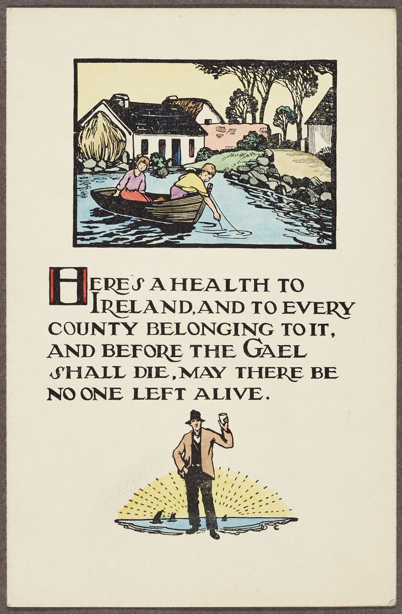 🏥 For #WorldHealthDay today, we're sharing this Irish blessing [often known as 'Health to #Ireland'] with an image of a man toasting one's #health. Card designed by Dorothy Blackham for the #CualaPress, 1902;  catalogue.nli.ie/Record/vtls000….