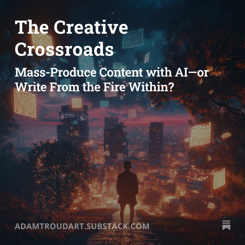New Substack:
The Creative Roads: Mass-Produce Content—or Write From the Fire Within?
open.substack.com/pub/adamtrouda…