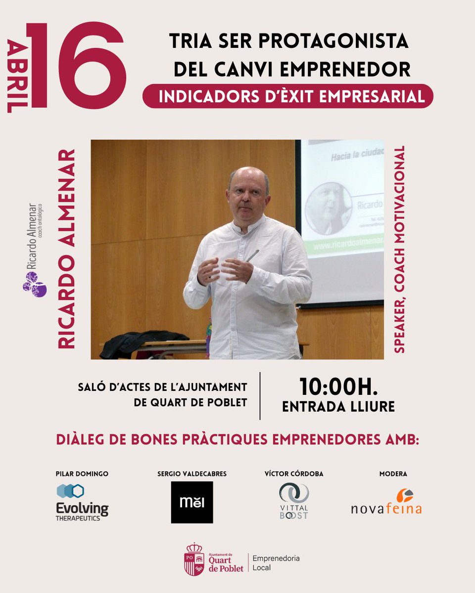 Evolving Therapeutics (@evolving_spain) on Twitter photo 📢 Sé protagonista del cambio emprendedor!
🗓16 abril · 10:00h
📍Ajuntament <a href="/quartdepoblet/">Quart de Poblet</a>
🎤Con <a href="/CoachAlmenar/">Ricardo Almenar</a> y referentes del emprendimiento <a href="/pilardomingoc/">Pilar Domingo-Calap</a>
🎟Entrada libre
Inspírate, conecta y crece🚀
Inscríbete, te esperamos! 🙌
🔗bit.ly/JORNADAEMPRENE… 📢 Sé protagonista del cambio emprendedor!
🗓16 abril · 10:00h
📍Ajuntament <a href="/quartdepoblet/">Quart de Poblet</a>
🎤Con <a href="/CoachAlmenar/">Ricardo Almenar</a> y referentes del emprendimiento <a href="/pilardomingoc/">Pilar Domingo-Calap</a>
🎟Entrada libre
Inspírate, conecta y crece🚀
Inscríbete, te esperamos! 🙌
🔗bit.ly/JORNADAEMPRENE…