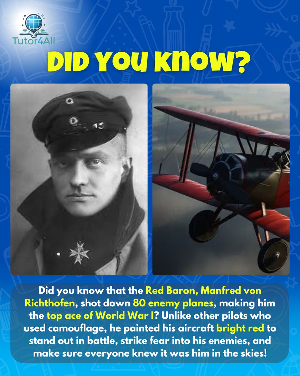 thetutor4all's tweet image. Did you know? ✈️ The Red Baron shot down 80 planes in WWI, making him the top ace. He flew a bright red aircraft, earning his legendary name and striking fear in the skies. 🔥

#WWIHistory #RedBaron #AviationFacts #MilitaryHistory #Tutor4All