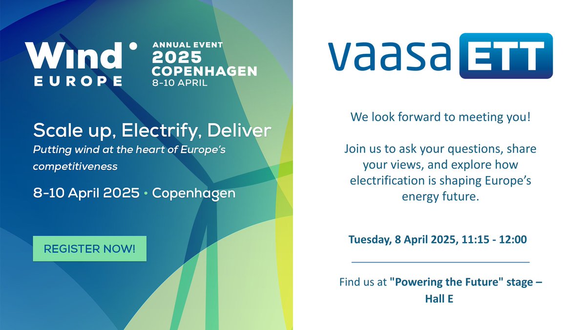 🌍 Meet VaasaETT at #WindEurope2025 in Copenhagen!

Our Exec Analyst Dario Nikzad speaks in the opening session: Electrification as a Key Lever for EU Industrial Competitiveness

🗓️ Tue, 8 April 11:15–12:00
 📍Hall E – Powering the Future stage

More info: lnkd.in/dZDKje7s