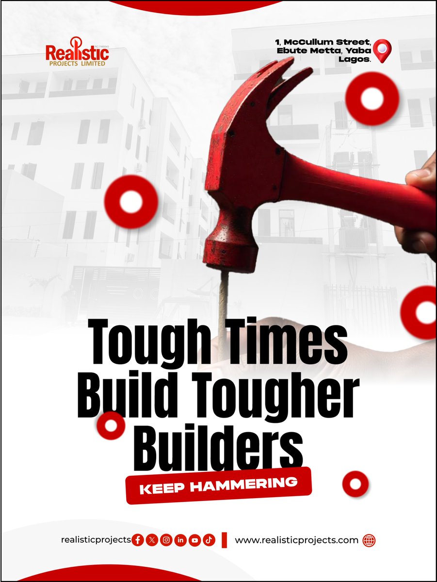 Realisticproj's tweet image. Tough times don’t stop us—they sharpen us.
At Realistic Projects, we don’t just build structures, we build resilience. Keep hammering. 🛠🛠️

📍Yaba, Lagos
🌐 realisticprojects.com
#ToughTimesToughBuilders #RealisticProjects #NaijaBuilders #YabaConstruction #BuildBold