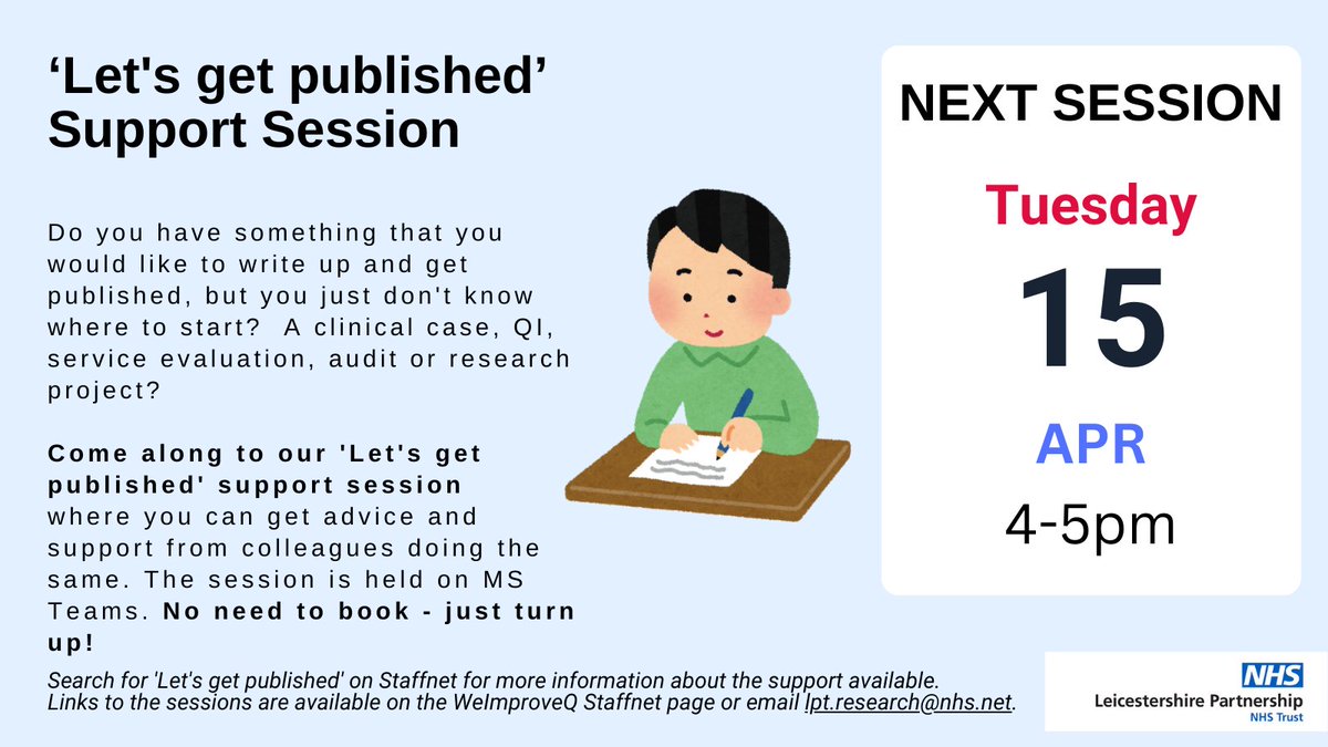 Sarah Baillon (@sarahbaillon) on Twitter photo We have the next 'Let's get published' support group next Tuesday. Come along (no need to book) for help & advice on how to prepare a piece of work for publication in a professional newsletter, journal or conference abstract or presentation. <a href="/LPTresearch/">LPT Research Team</a> <a href="/LPTNMAHPPres/">LPT Centre for Clinical Academic NMAHPP Research</a> <a href="/LPTnhs/">Leicestershire Partnership NHS Trust</a> We have the next 'Let's get published' support group next Tuesday. Come along (no need to book) for help & advice on how to prepare a piece of work for publication in a professional newsletter, journal or conference abstract or presentation. <a href="/LPTresearch/">LPT Research Team</a> <a href="/LPTNMAHPPres/">LPT Centre for Clinical Academic NMAHPP Research</a> <a href="/LPTnhs/">Leicestershire Partnership NHS Trust</a>