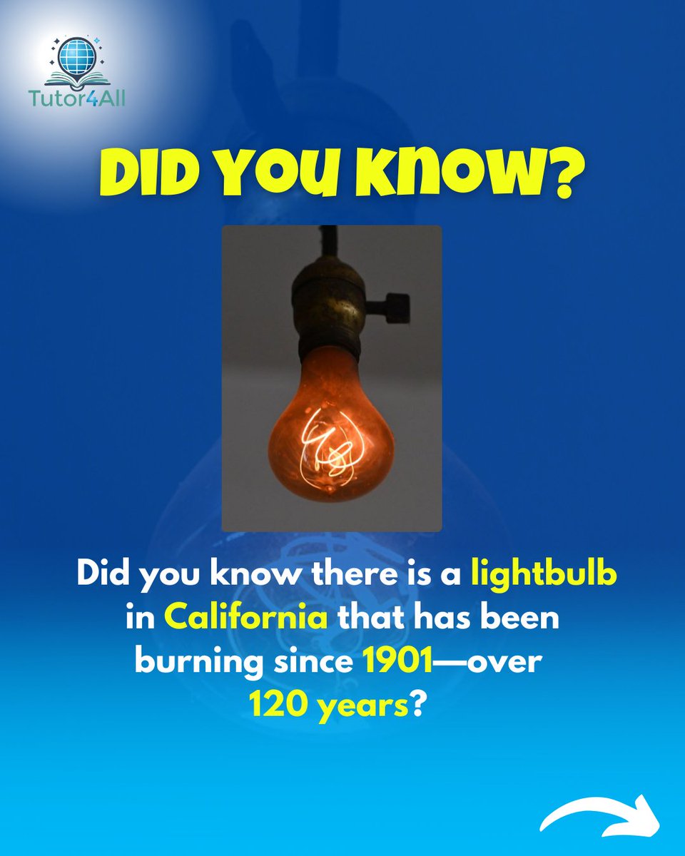 thetutor4all's tweet image. The Centennial Light in California has been burning since 1901! It’s lasted over 120 years due to low wattage, a thick carbon filament, and a steady power supply. A true symbol of engineering excellence. 🔆

#Tutor4All #FunFacts #Engineering #Innovation #Education #PhysicsGCSE