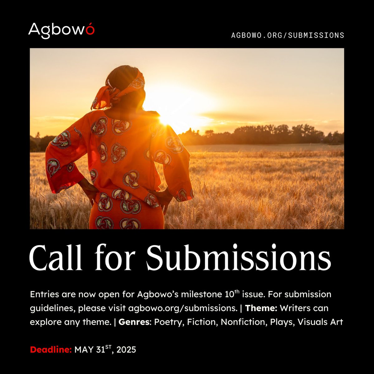 We are now accepting submissions. 

Please share your magic with us. ☺️
agbowo.org/2025/04/06/cal…

#Agbowo #CallforSubmissions #AgbowoMagazine