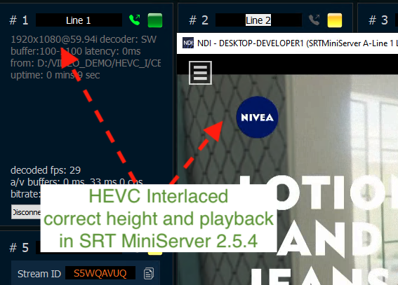 GaraninApps's tweet photo. 🚀 SRT MiniServer 2.5.4 Now Supports HEVC *Interlaced* Streams!

Alas but tools like VLC, MediaInfo, and FFmpeg (and apps based on it) struggle with HEVC Interlaced streams (often displaying them at half-height - 540 instead of 1080). We solve this task in our last update. https://t.co/qA5L1lsv4n