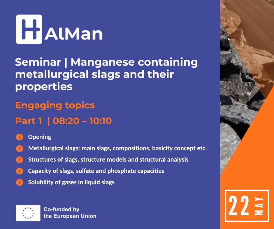 📢 Seminar: Manganese Metallurgical Slags &amp; Properties
🗓️ 22 May 2025 | ⏰ 08:20–15:50 CET
📍 Trondheim (Aud. B1) &amp; Online
🔗 Register: forms.office.com/e/cyzXcBsz1G
📄 Programme: halman-project.eu/2025/03/13/man…