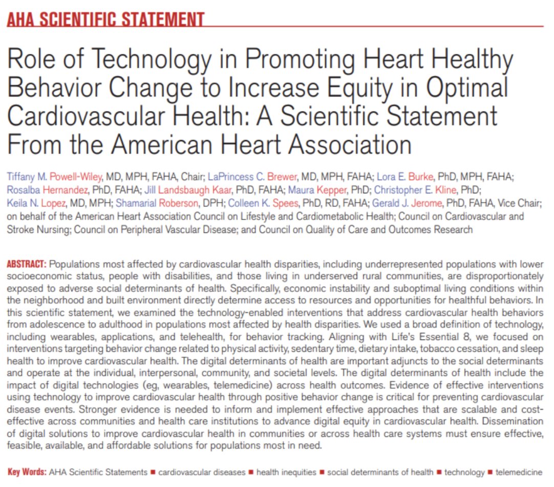This statement examines technology-enabled interventions targeting CV health behaviors in populations facing health disparities. 

Accompanying systems and policy-level changes are essential to ensure the effectiveness and equity of technological solutions for CVH.