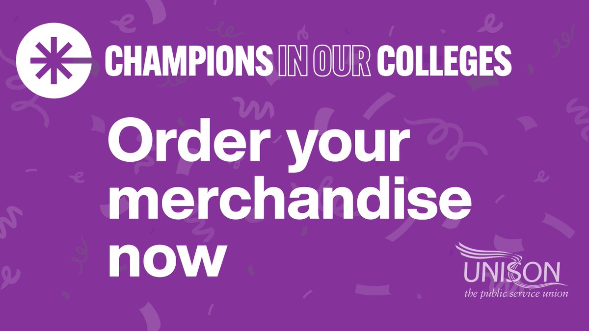 UNISON - UK's largest union (@unisontheunion) on Twitter photo ⏰ Today is the final day to order your #ChampionsInOurColleges merchandise. Don’t miss out, take a look here and get your orders in now ➡️ unsn.uk/47SfBsh
<a href="/UNISON_FE/">UNISON in Further Education</a> ⏰ Today is the final day to order your #ChampionsInOurColleges merchandise. Don’t miss out, take a look here and get your orders in now ➡️ unsn.uk/47SfBsh
<a href="/UNISON_FE/">UNISON in Further Education</a>