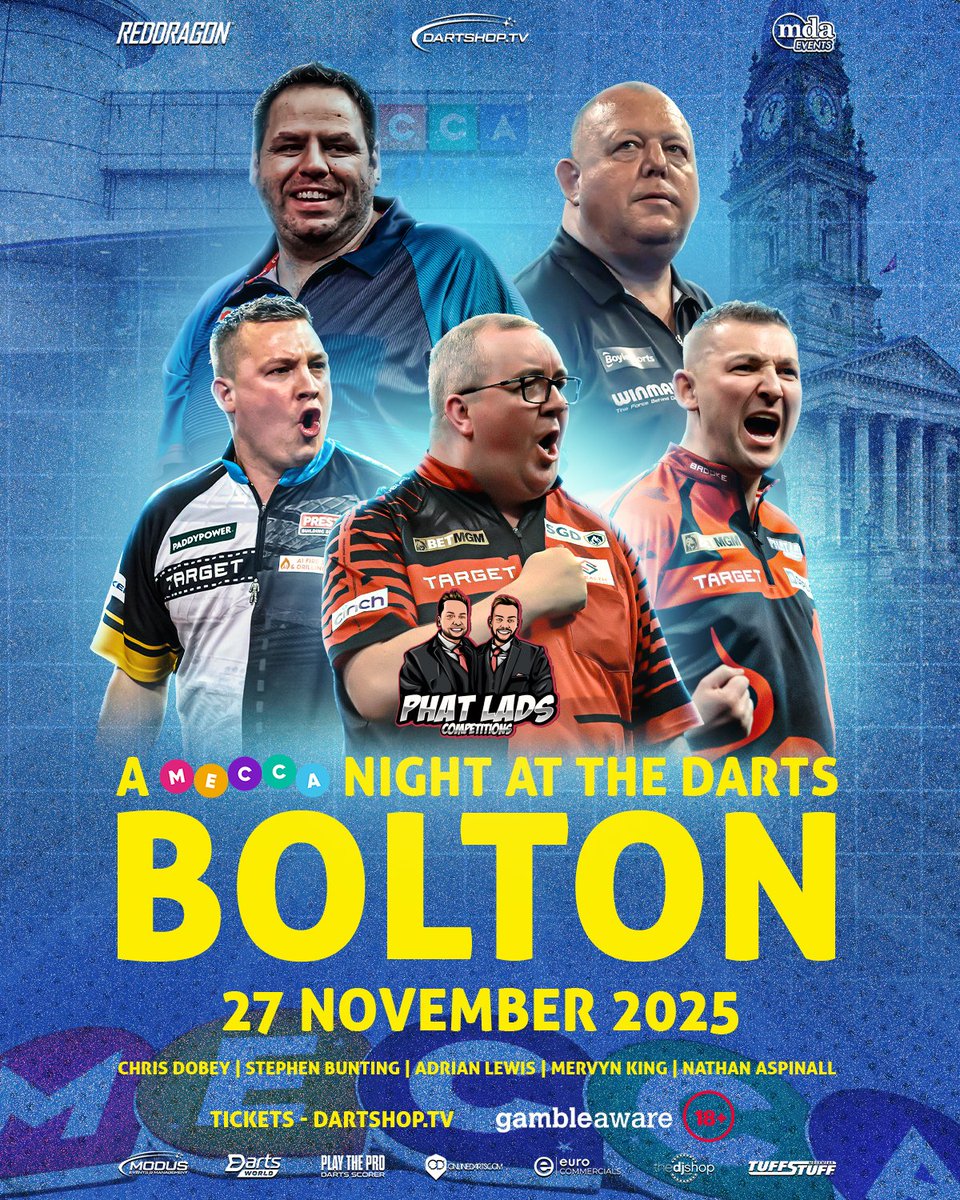 📢NEW SHOW ANNOUNCEMENT!

🏴󠁧󠁢󠁥󠁮󠁧󠁿BOLTON

November sees us in the North West, where big names aplenty will be at Mecca in Bolton!

Newly-crowned International Darts Open winner Stephen Bunting will be in Lancashire, as well as Nathan Aspinall and Chris Dobey.

Two-time World Champion