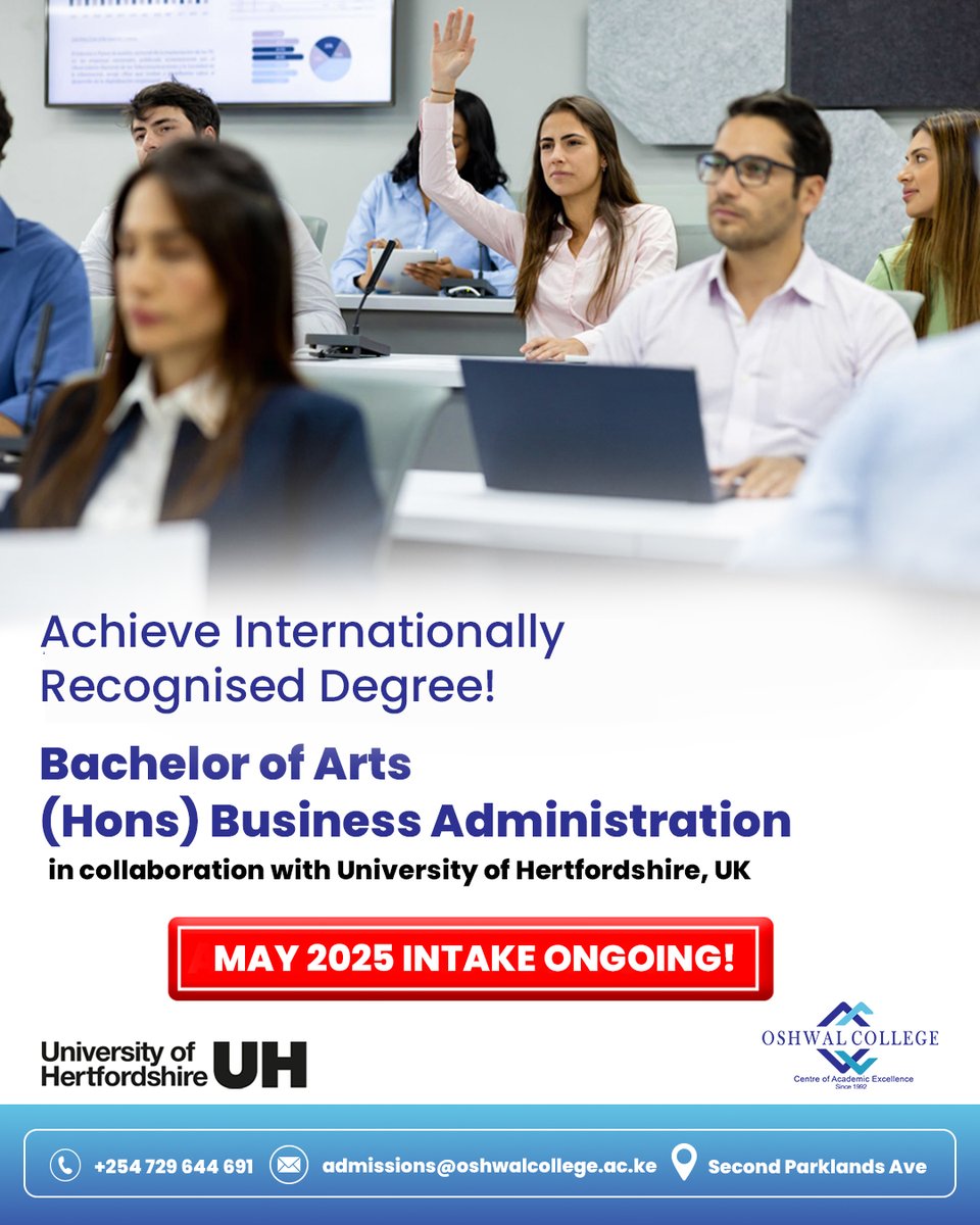 Oshwal College (@oshwalcollegeke) on Twitter photo 🎓 May 2025 Intake Now Open!
Pursue a BA (Hons) in Business Administration with Oshwal College & University of Hertfordshire.
🌍 Global degree
📩 admissions@oshwalcollege.ac.ke
📞 0729 644 691
#OshwalCollege #May2025Intake #BusinessDegree #FutureLeaders 🎓 May 2025 Intake Now Open!
Pursue a BA (Hons) in Business Administration with Oshwal College & University of Hertfordshire.
🌍 Global degree
📩 admissions@oshwalcollege.ac.ke
📞 0729 644 691
#OshwalCollege #May2025Intake #BusinessDegree #FutureLeaders