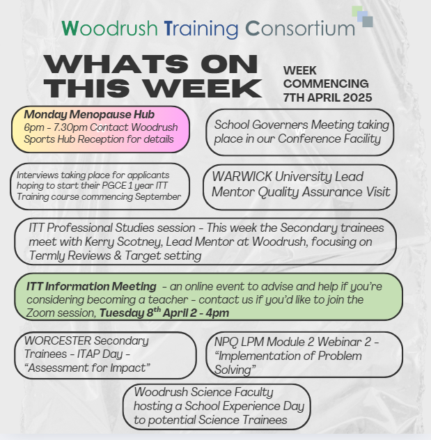 Woodrush Training Consortium (@woodrushtc) on Twitter photo Phew ! It's a scorcher of a week and a scorcher of a schedule 🌞
<a href="/getintoteaching/">Teaching</a>
<a href="/worcester_uni/">University of Worcester</a>
<a href="/UWPGSEC/">University of Worcester - PGCE Secondary course</a>
<a href="/UWprimary/">Primary Teaching at Worcester</a>
<a href="/uniofwarwick/">University of Warwick</a>
<a href="/Woodrushhigh/">Woodrush High School</a> Phew ! It's a scorcher of a week and a scorcher of a schedule 🌞
<a href="/getintoteaching/">Teaching</a>
<a href="/worcester_uni/">University of Worcester</a>
<a href="/UWPGSEC/">University of Worcester - PGCE Secondary course</a>
<a href="/UWprimary/">Primary Teaching at Worcester</a>
<a href="/uniofwarwick/">University of Warwick</a>
<a href="/Woodrushhigh/">Woodrush High School</a>