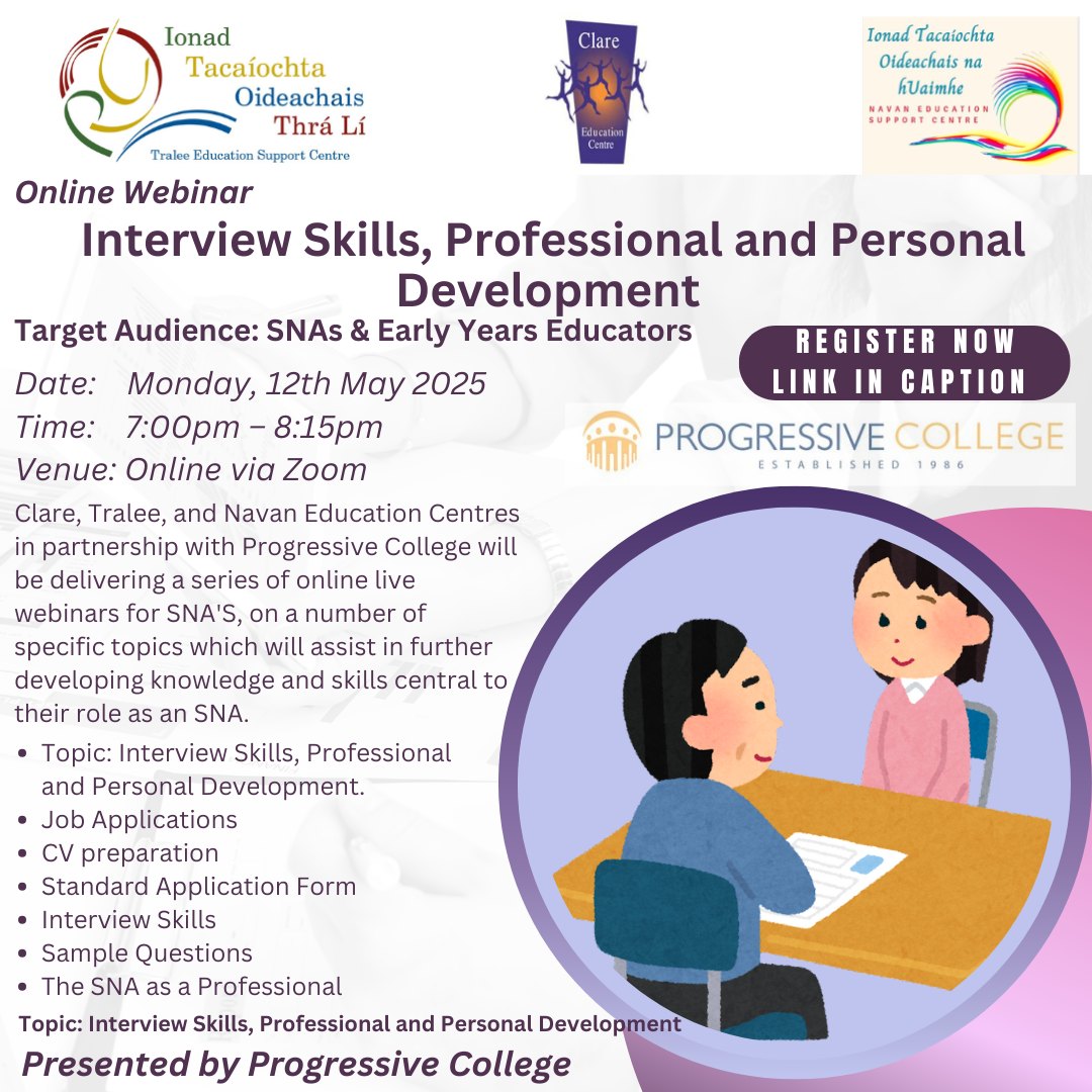 Clare Education Centre (@clareedcentre) on Twitter photo 📢SNAs & Early Years Educators
➡️Interview Skills, Professional and Personal Development
📅Monday, 12th May 2025
⏲️7pm to 8.15pm
🗣️Progressive College
📌Zoom
💰€5.00
®️ zoom.us/webinar/regist…
<a href="/TraleeESC/">Tralee Education Support Centre</a> <a href="/NavanESC/">Navan Education Support Centre</a> 📢SNAs & Early Years Educators
➡️Interview Skills, Professional and Personal Development
📅Monday, 12th May 2025
⏲️7pm to 8.15pm
🗣️Progressive College
📌Zoom
💰€5.00
®️ zoom.us/webinar/regist…
<a href="/TraleeESC/">Tralee Education Support Centre</a> <a href="/NavanESC/">Navan Education Support Centre</a>