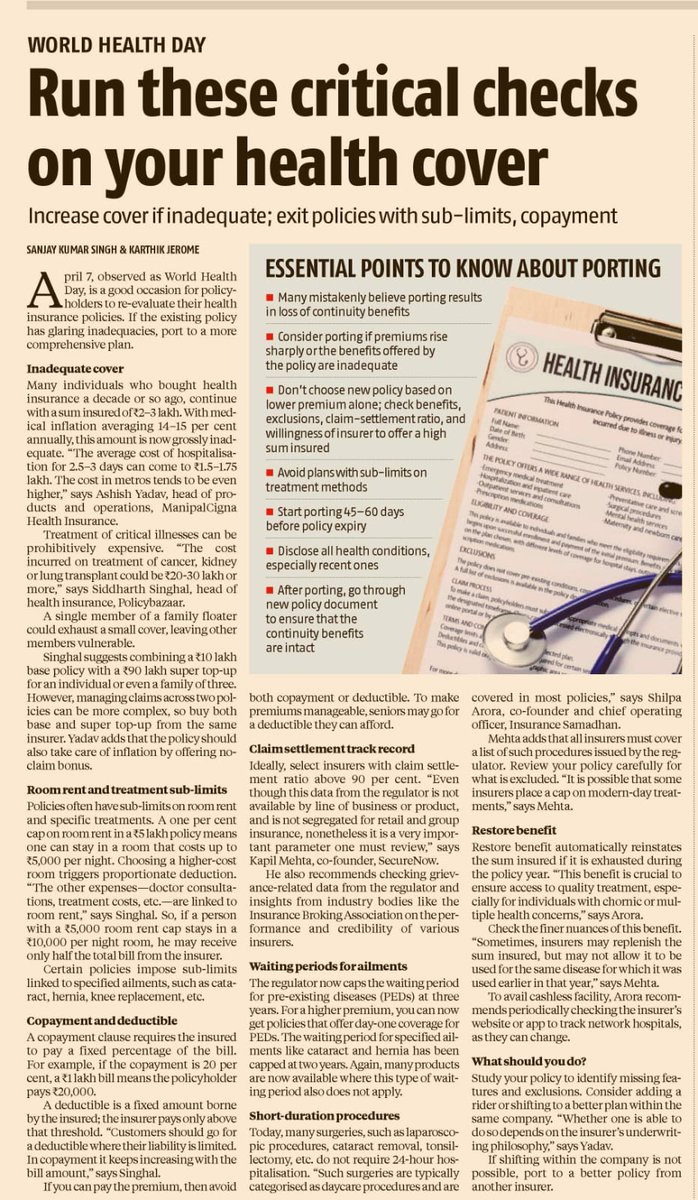 My article in Business Standard on key criteria to apply for checking whether you have a high-quality health insurance cover: