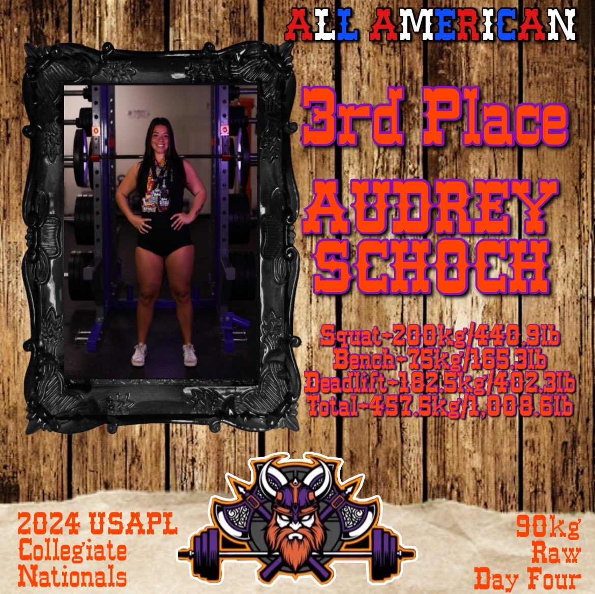 We are bringing home TWO Collegiate All Americans! Senior Audrey Schoch ends her Collegiate Career with a 3rd place finish, totaling over 1,000 pounds to cap off her career an All American! Congratulations to Audrey on an amazing career with MVC!🧡💜
#OAVAAV