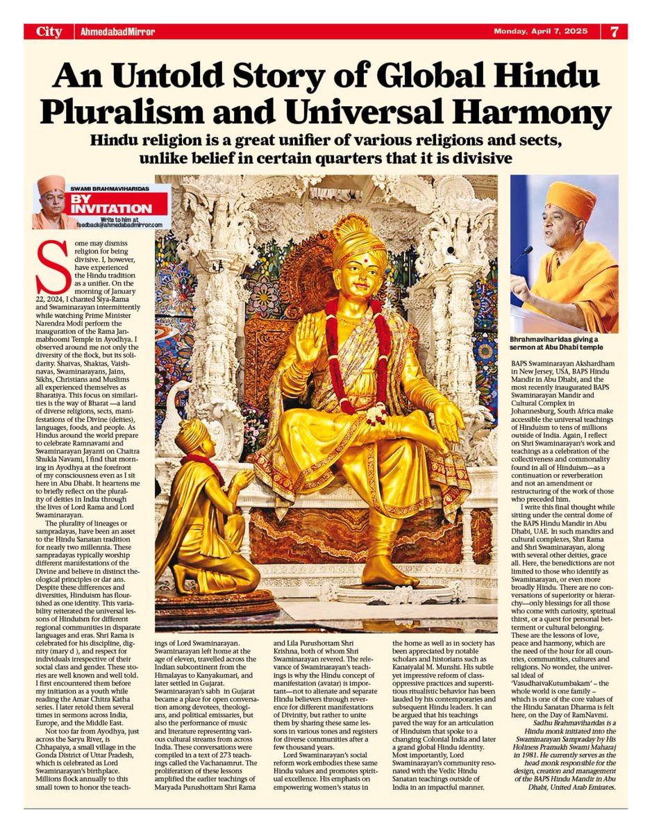 Discover how Hindu pluralism has shaped a legacy of universal harmony across the globe.

Pujya Brahmavihari Swami shares a powerful untold story in <a href="/ahmedabadmirror/">Ahmedabad Mirror</a> 

Read the full article and reflect on a timeless message the world needs today.

ahmedabadmirror.com/by-invitation-…