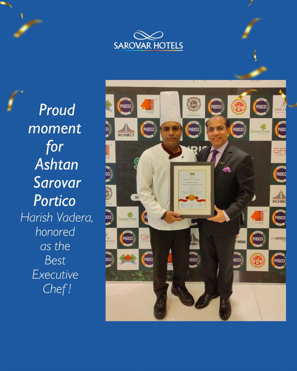 Sarovar_Hotels's tweet photo. A proud moment for Sarovar Hotels! 
Chef Harish Vadera from Ashtan Sarovar Portico, Green Park, New Delhi, has been awarded Best Executive Chef at the 11th HRANI Conclave! His culinary excellence continues to elevate the Sarovar experience.

#SarovarHotels #BestExecutiveChef https://t.co/cwIHW9Z0jq