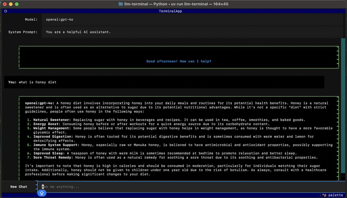 Built a new LLM client

Runs entirely in your terminal

Supports all the models, just provide your own api key

Also supports custom functions via Model Context Protocol...  Currently I gave it a python interpreter so it can write and run code before answering. Will soon add