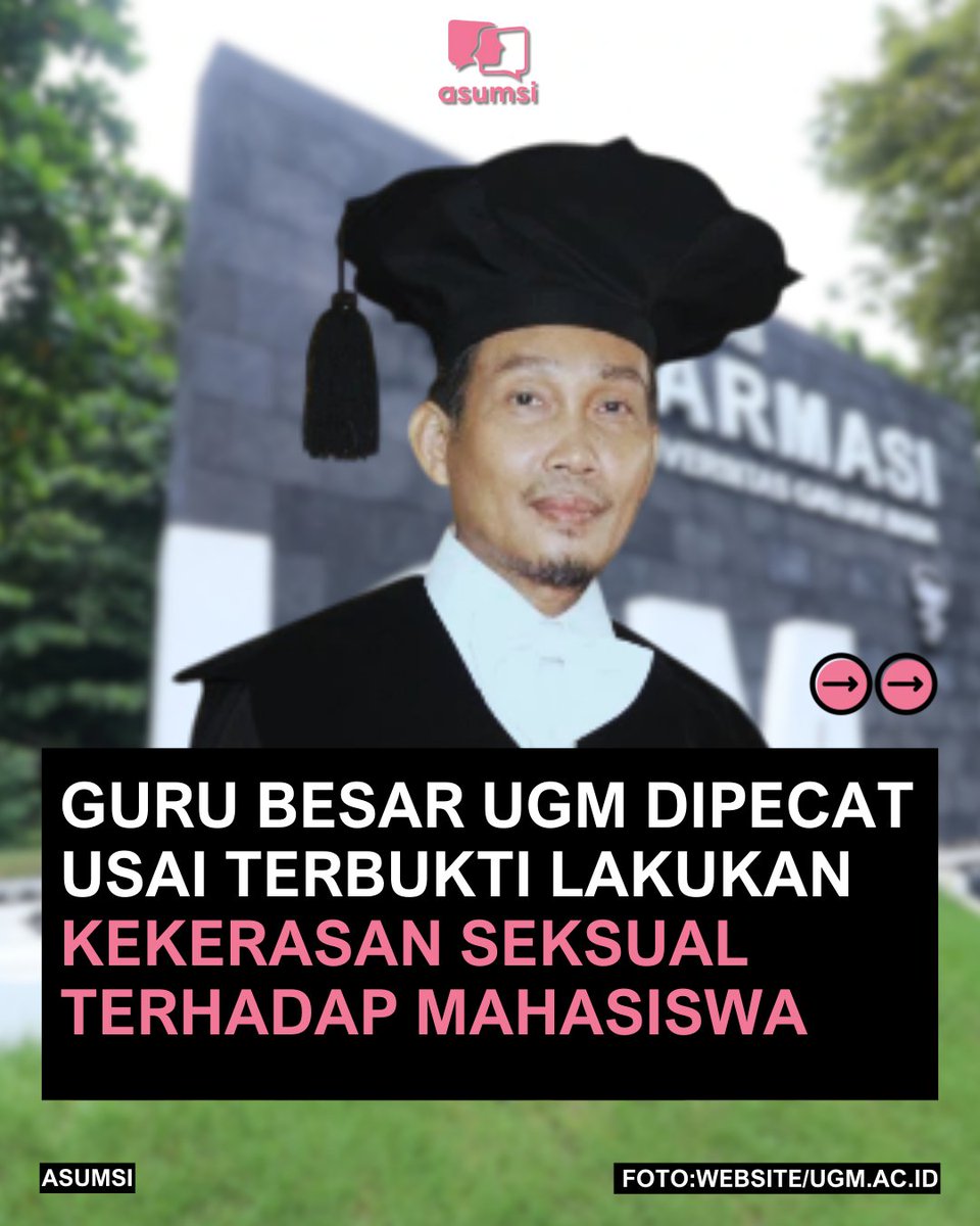Guru Besar Fakultas Farmasi Universitas Gajah Mada (UGM), Prof. Edy Meiyanto diberhentikan karena kasus kekerasan seksual terhadap mahasiswanya. Edy terbukti melakukan kekerasan seksual terhadap belasan mahasiswa.

#UGM #Kekerasan #FakulatasFarmasiUGM #Asumsico