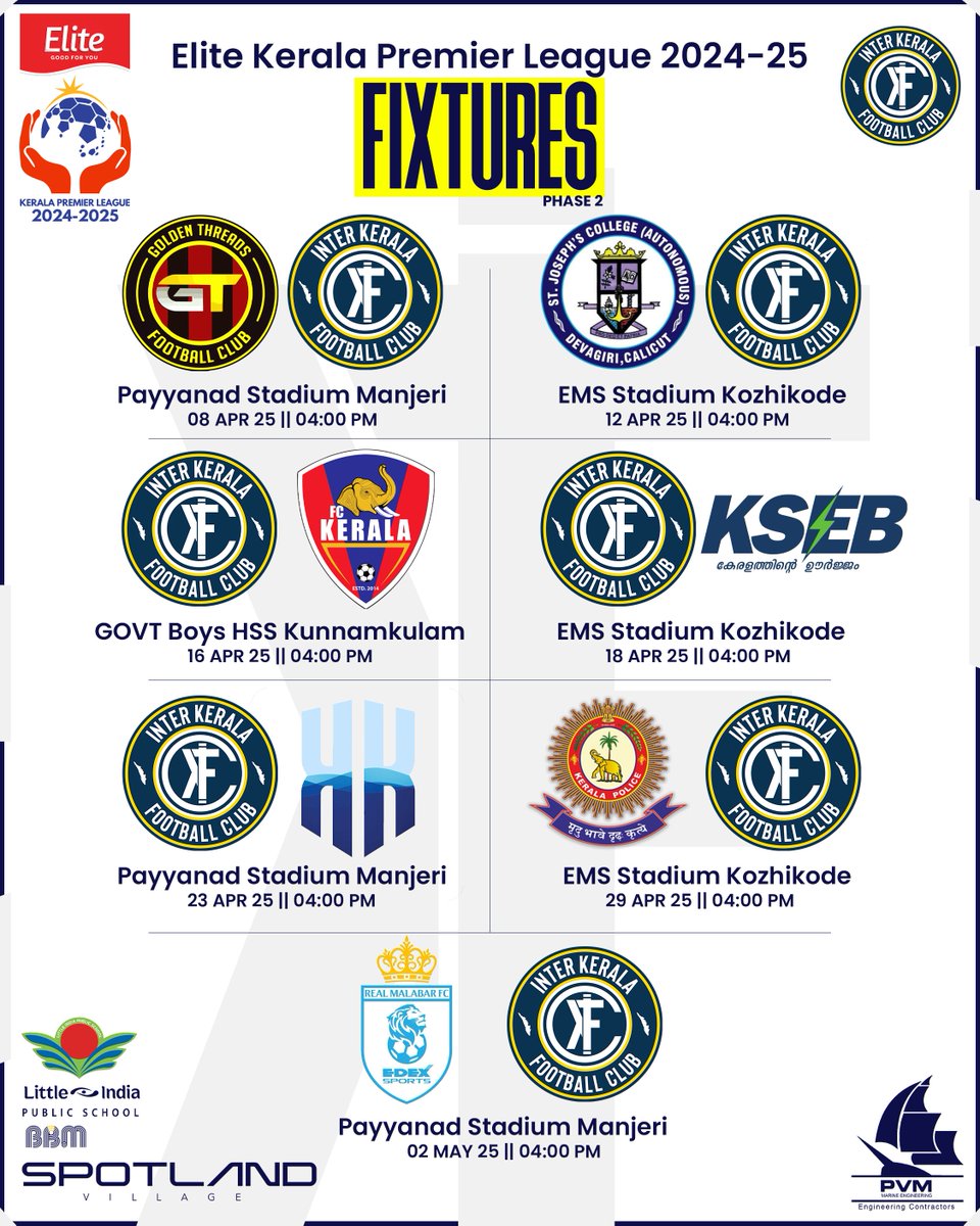 InterKeralafc's tweet photo. Phase 2 Fixture Schedule 📅New challenges await as we step into the next phase of the season. Focused. Ready. Together.  #IKFC #KeralaPremierLeague #InterKeralaFC https://t.co/nNxsLU5naP