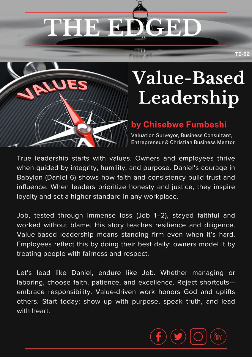 C_Fumbeshi's tweet photo. Value-Based Leadership

True leadership starts with values. Owners and employees thrive when guided by integrity, humility, and purpose.

#Thrivingworkplace #TheEdged #ChristianBusinessMentor #ChisebweFumbeshi https://t.co/qL110k9kOz