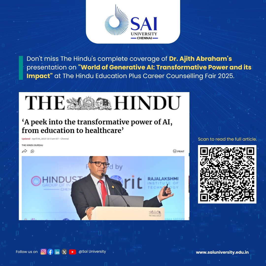 🚀 Our Vice Chancellor, Dr. Ajith Abraham, delivered a powerful talk on "World of Generative AI: Transformative Power and its Impact" at The Hindu Education Plus Career Counselling Fair 2025!

From education to healthcare, AI is reshaping the future. 🌍

thehindu.com/news/cities/ch…