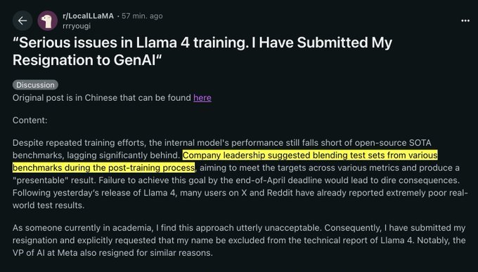 ns123abc's tweet image. BREAKING: Meta AI internally caught cooking benchmarks to hide poor results

Absolute state.