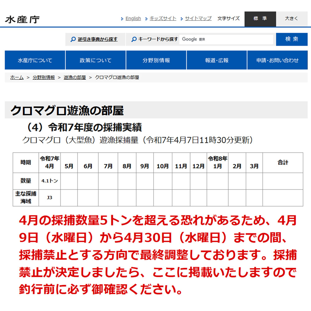 【クロマグロ釣り情報】
水産庁「クロマグロ遊漁の部屋」より
「4月の採捕数量5トンを超える恐れがあるため、4月9日（水曜日）から4月30日（水曜日）までの間、採捕禁止とする方向で最終調整しております。採捕禁止が決定しましたら、ここに掲載いたしますので釣行前に必ず御確認ください。」。