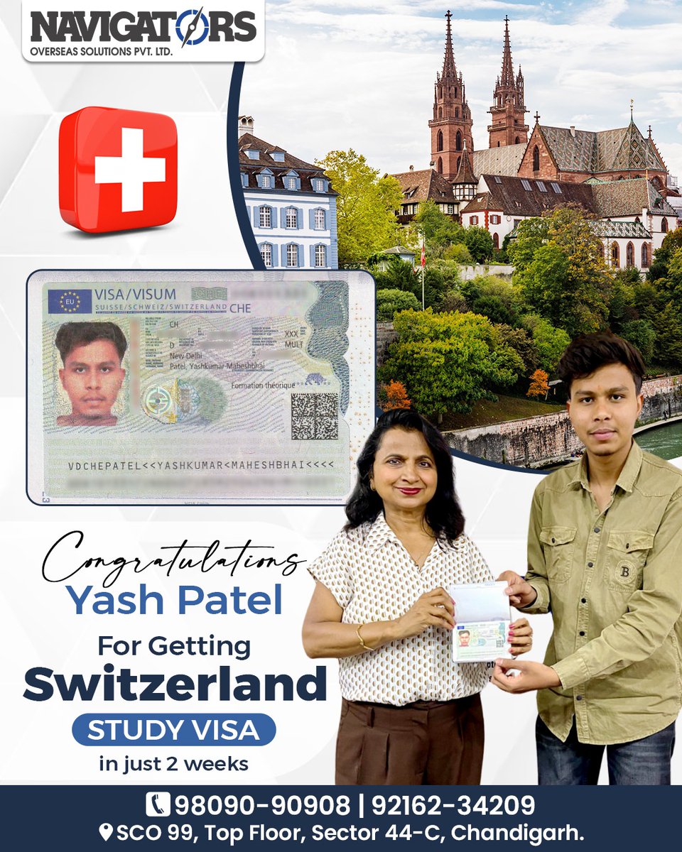Congratulations, Yash Patel for getting Switzerland Study Visa. Another successful Story with Navigators Overseas Solutions. Your dream destination is closer than you think.

Call us: 98090-90908 | 92162-34209

#switzerlandstudyvisa #switzerlandstudentvisa #switzerlandvisa