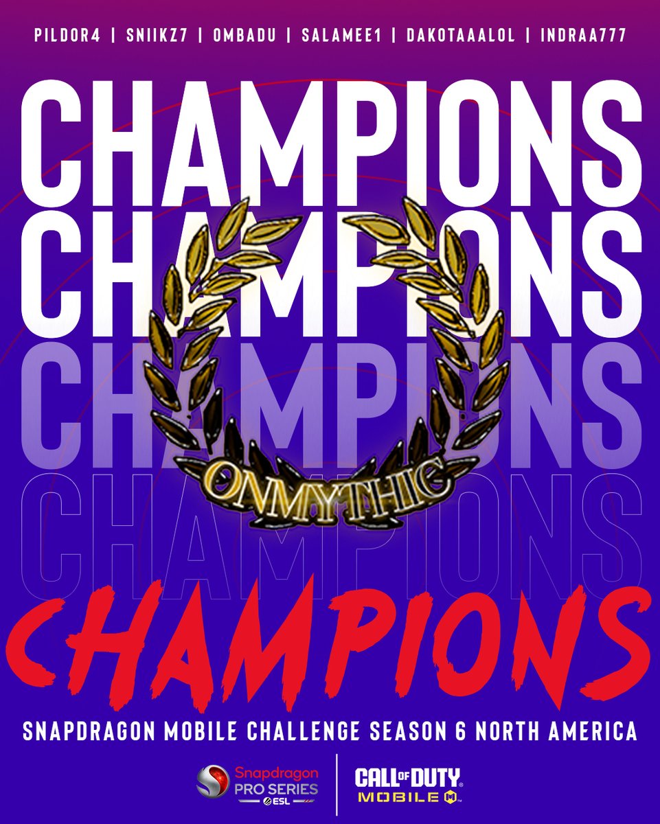 ESL COD: Mobile (@eslcodm) on Twitter photo CHAMPIONS! 🏆 HUGE congratulations to Onmythic for winning the Snapdragon Challenge Finals North America Season 6!
What an incredible performance throughout the entire tournament! 🎉
#SnapdragonProSeries #CODMesports <a href="/ESLMobile/">Snapdragon Pro Series</a> CHAMPIONS! 🏆 HUGE congratulations to Onmythic for winning the Snapdragon Challenge Finals North America Season 6!
What an incredible performance throughout the entire tournament! 🎉
#SnapdragonProSeries #CODMesports <a href="/ESLMobile/">Snapdragon Pro Series</a>