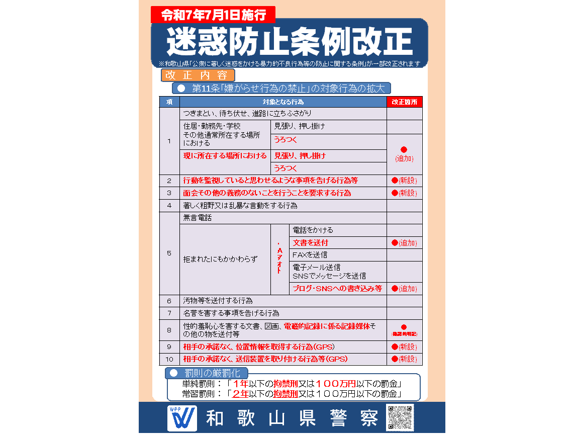 人身安全対策課】（令和7年7月1日施行 迷惑防止条例改正）和歌山県