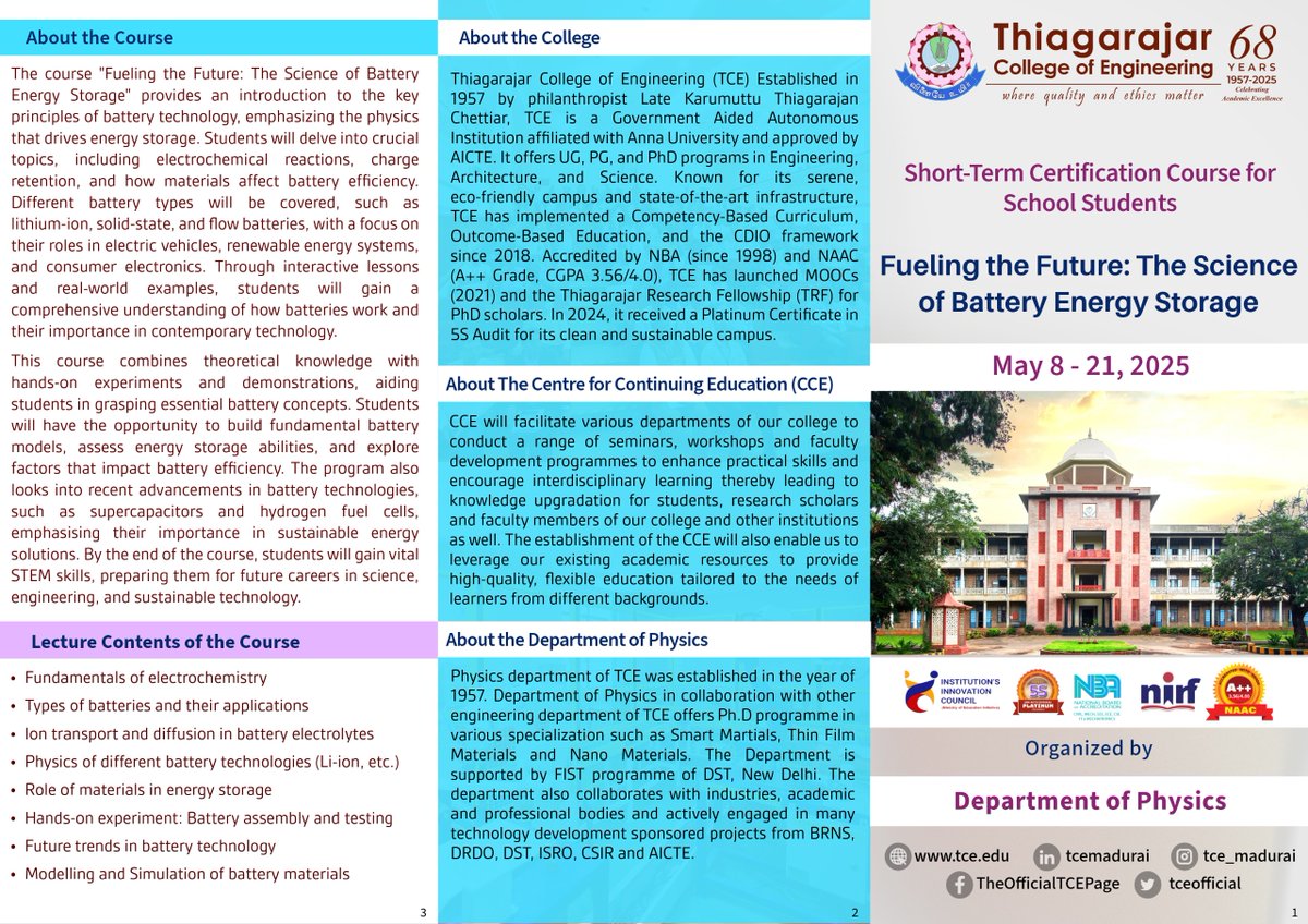 tceofficialpage's tweet image. 🎓 Short-Term Certification Course for Class 11 &amp;amp; 12
🔋 Fueling the Future: Battery Energy Storage
📅 May 8–21, 2025 | 📍 TCE, Madurai | 💰 ₹3000
🔗 Register: Form | Payment
📞 7845137380 / 9789249754
#TCE #BatteryScience