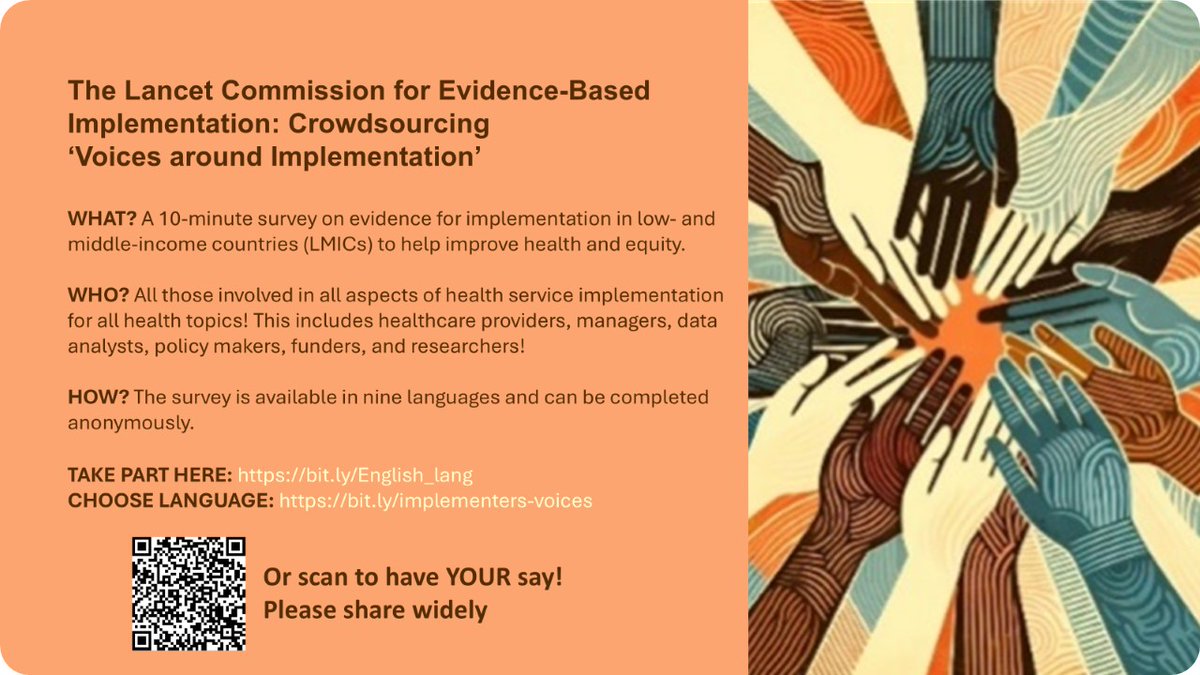 Do you work on improving health in LMICs?
This is YOUR chance to YOUR have your say on what helps/hinders the use of evidence for implementation. 
Take this short survey available in 9 languages: bit.ly/implementers-v…