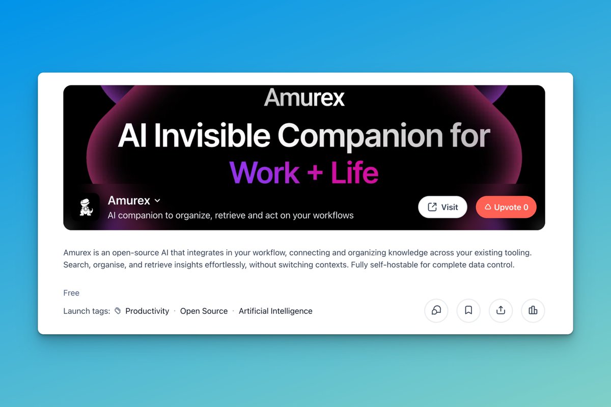Sanskar Jethi (@sansyrox) on Twitter photo 🚨 We just launched Amurex on <a href="/ProductHunt/">Product Hunt 😸</a> !🚨
Your invisible AI companion for work & life is finally here.
We’d love your support 💙
🔗 producthunt.com/posts/amurex?u… 🚨 We just launched Amurex on <a href="/ProductHunt/">Product Hunt 😸</a> !🚨
Your invisible AI companion for work & life is finally here.
We’d love your support 💙
🔗 producthunt.com/posts/amurex?u…
