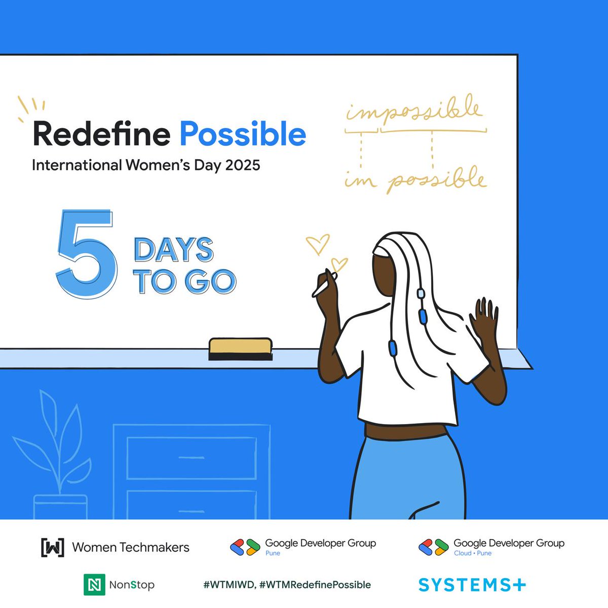 ⏳ Just 5 days to go for #WTMIWD 2025!
Get ready for a day of tech, inspiration &amp; empowerment 💻💬🌟
📍 Infosys, Pune
📅 12th April, 2025
🔗 Register now: tinyurl.com/Gdgpune

#IWD2025 #RedefinePossible #GDGPune