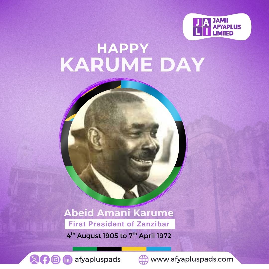 Afyapluspads's tweet photo. At Jamii Afyaplus Limited, we join the nation in honoring Abeid Amani Karume — a pioneer of leadership, justice, and progress.

His vision of equality inspires our commitment to community well-being.

Let’s uphold his legacy through unity and transformation.

#KarumeDay2025 https://t.co/TiLUXsNDfT