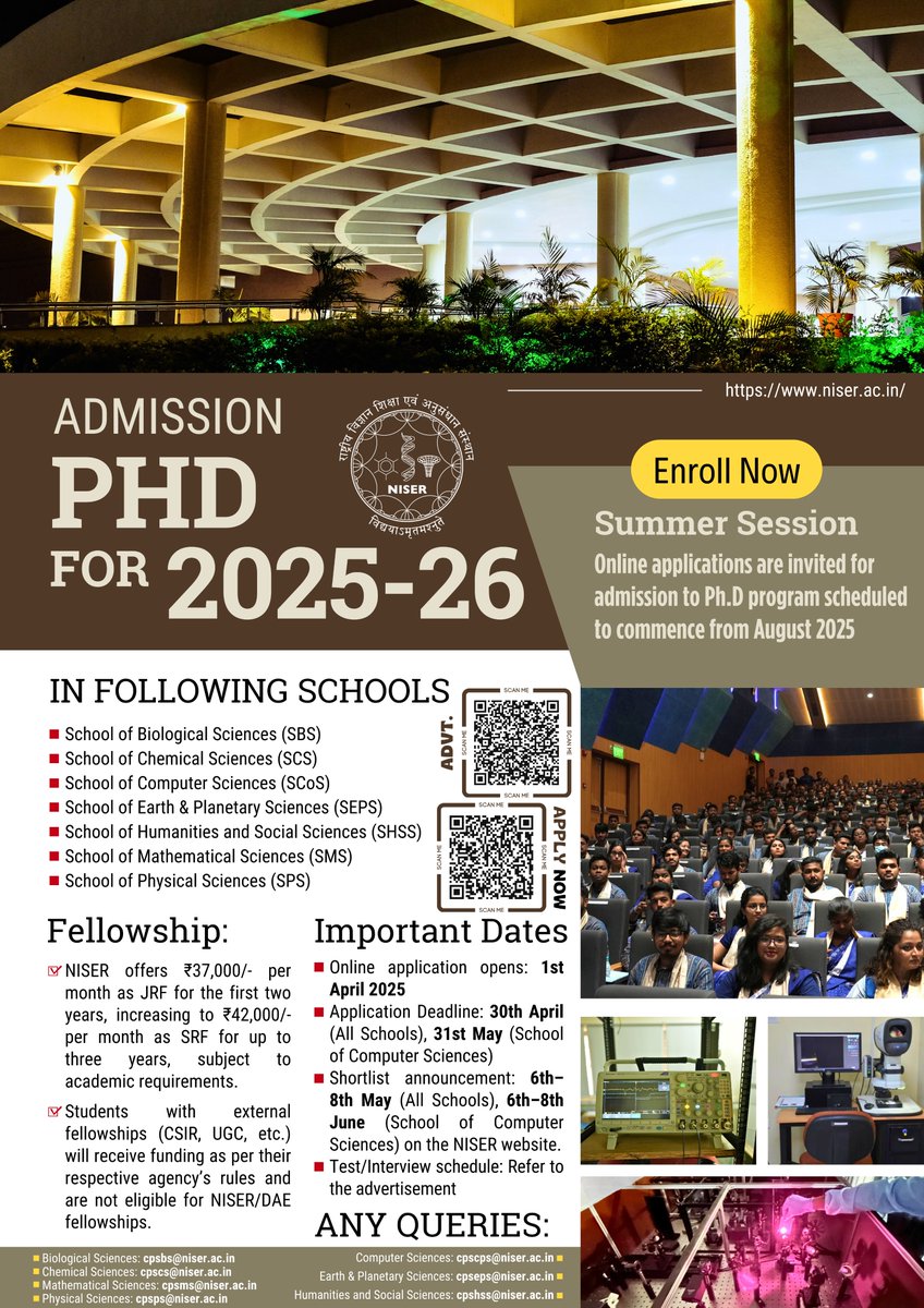 Online applications are invited for admission to the Ph.D. program (2025–26 Summer Session) at <a href="/niser_official/">NISER</a>, scheduled to commence in August 2025 across various schools.
For more details, visit: tinyurl.com/2p9cj64e
Apply by April 30, 2025 at: tinyurl.com/mr36ejzm