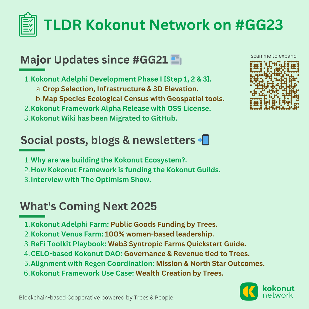 Kokonut Network 💚🥥🌴 (@kokonutnetwork) on Twitter photo We know you're busy reading about great projects in <a href="/gitcoin/">Gitcoin</a> #GG23, so we made this TLDR about our proposal for the round.
- Support in the <a href="/RegenCoordinate/">Regen Coordination</a> Round to keep improving the Kokonut Framework
- Support in the <a href="/hypercerts/">hypercerts foundation</a> Round to help improve Measurement & Reporting We know you're busy reading about great projects in <a href="/gitcoin/">Gitcoin</a> #GG23, so we made this TLDR about our proposal for the round.
- Support in the <a href="/RegenCoordinate/">Regen Coordination</a> Round to keep improving the Kokonut Framework
- Support in the <a href="/hypercerts/">hypercerts foundation</a> Round to help improve Measurement & Reporting