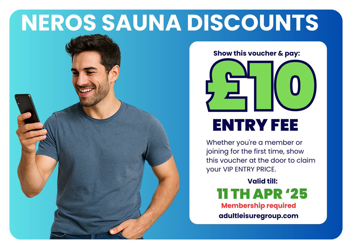 Bury VIPs – this week’s for you!
Show this tweet at Nero’s Sauna and get entry for just £10.
Valid until Friday 11th April – membership required.