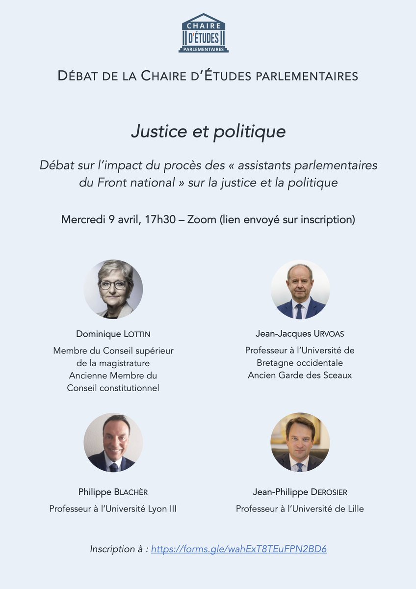 JPh Derosier (@jphderosier) on Twitter photo 🔴 Débat 🗣️ Justice et politique
La <a href="/ChaireEtuParl/">Chaire d’Études parlementaires</a> organise un débat sur l’impact du procès des « assistants parlementaires du FN » sur la justice et la politique
📅 9 avril, 17h30, 💯% Zoom
Avec Ph Blachèr, JPh Derosier, D Lottin, JJ Urvoas
Inscription 👉 docs.google.com/forms/d/e/1FAI… 🔴 Débat 🗣️ Justice et politique
La <a href="/ChaireEtuParl/">Chaire d’Études parlementaires</a> organise un débat sur l’impact du procès des « assistants parlementaires du FN » sur la justice et la politique
📅 9 avril, 17h30, 💯% Zoom
Avec Ph Blachèr, JPh Derosier, D Lottin, JJ Urvoas
Inscription 👉 docs.google.com/forms/d/e/1FAI…