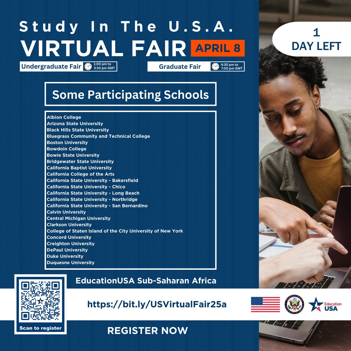 USEmbassyLLW's tweet photo. 🎓 Dreaming of studying in the U.S.? Don’t miss the Spring Virtual College Fair TOMORROW, April 8th! Connect with U.S. universities and explore undergraduate and graduate programs.
Register now: https://t.co/y7XVFFMAs2 — Open through the end of the fair!
Details ⬇️ https://t.co/BGrgmN5Ktb