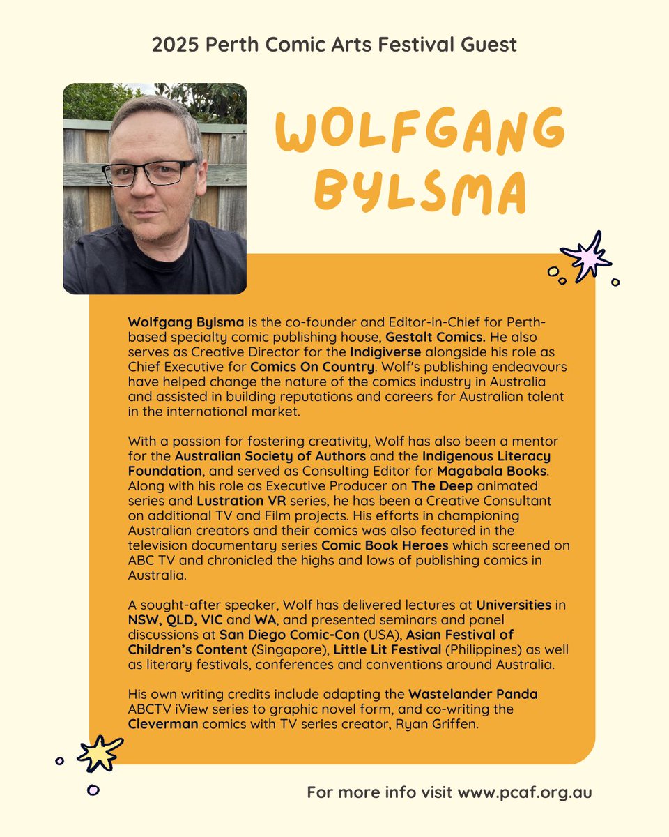 PCAF ~ Perth Comic Arts Festival (@perthcomicsfest) on Twitter photo ๐ Here to help us celebrate the 20th anniversary of Australia's leading independent graphic novel publishing house, give a massive welcome to our next VIP Guest: <a href="/gestaltcomics/">Gestalt Comics</a>' Editor-in-Chief Wolfgang Bylsma!! โจ
See ๐ in bio for more PCAF info ๐ Here to help us celebrate the 20th anniversary of Australia's leading independent graphic novel publishing house, give a massive welcome to our next VIP Guest: <a href="/gestaltcomics/">Gestalt Comics</a>' Editor-in-Chief Wolfgang Bylsma!! โจ
See ๐ in bio for more PCAF info